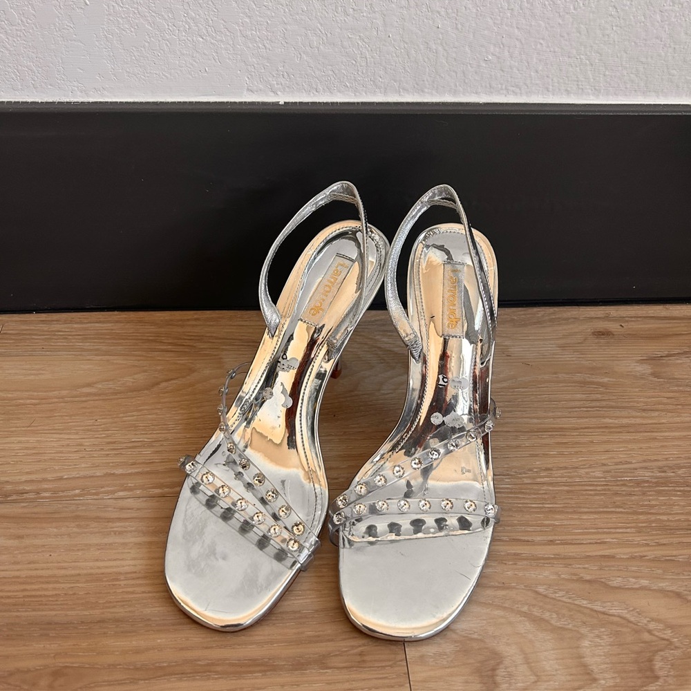 Larroude Silver Heels with Open Toe Design and Sparkly Embellishments
